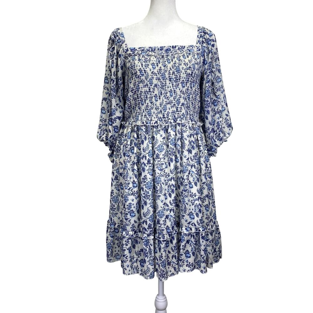 Super Natural Secret Mission Floral Chiffon Smocked Greenport Dress Blue Sz M